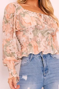 Rebellious Fashion Sage Nude Floral Puff Shoulder Crop Top - Aaleah