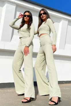 Rebellious Fashion Sage Ribbed Button Front Top + Trouser Co-ord - Emani