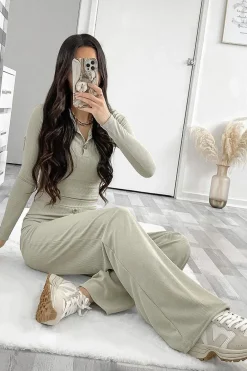 Rebellious Fashion Sage Ribbed Button Front Top + Trouser Co-ord - Emani