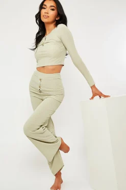 Rebellious Fashion Sage Ribbed Button Front Top + Trouser Co-ord - Emani