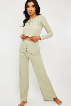 Rebellious Fashion Sage Ribbed Button Front Top + Trouser Co-ord - Emani