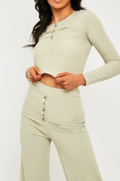Rebellious Fashion Sage Ribbed Button Front Top + Trouser Co-ord - Emani