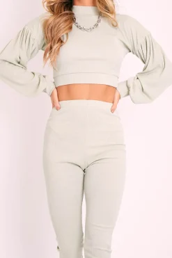 Rebellious Fashion Sage Ribbed Puff Sleeve Top Loungewear Co-ord - Effy