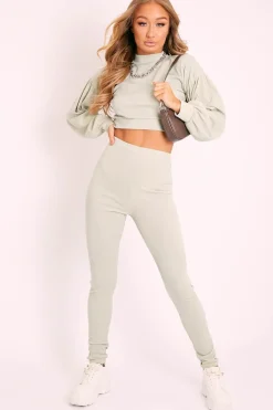 Rebellious Fashion Sage Ribbed Puff Sleeve Top Loungewear Co-ord - Effy