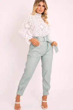Rebellious Fashion Sage Ring Belt Straight Leg PU Trousers - Jazmine