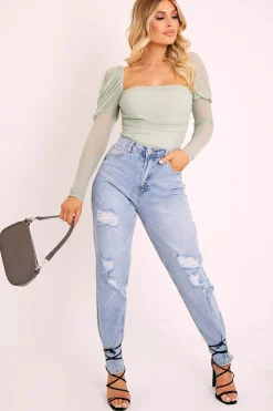 Rebellious Fashion Sage Ruched Body Mesh Sleeve Bodysuit - Raeya