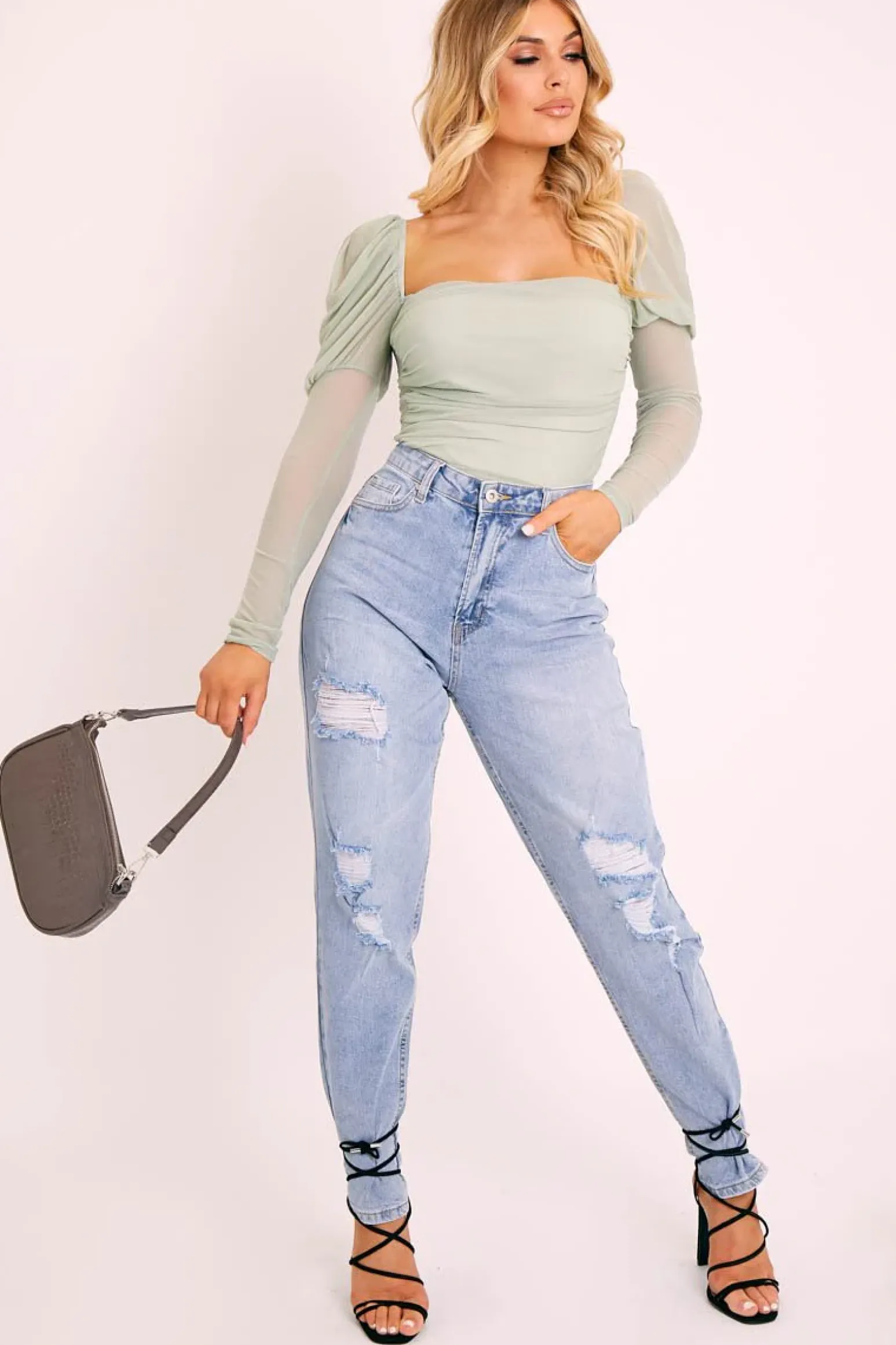 Rebellious Fashion Sage Ruched Body Mesh Sleeve Bodysuit - Raeya