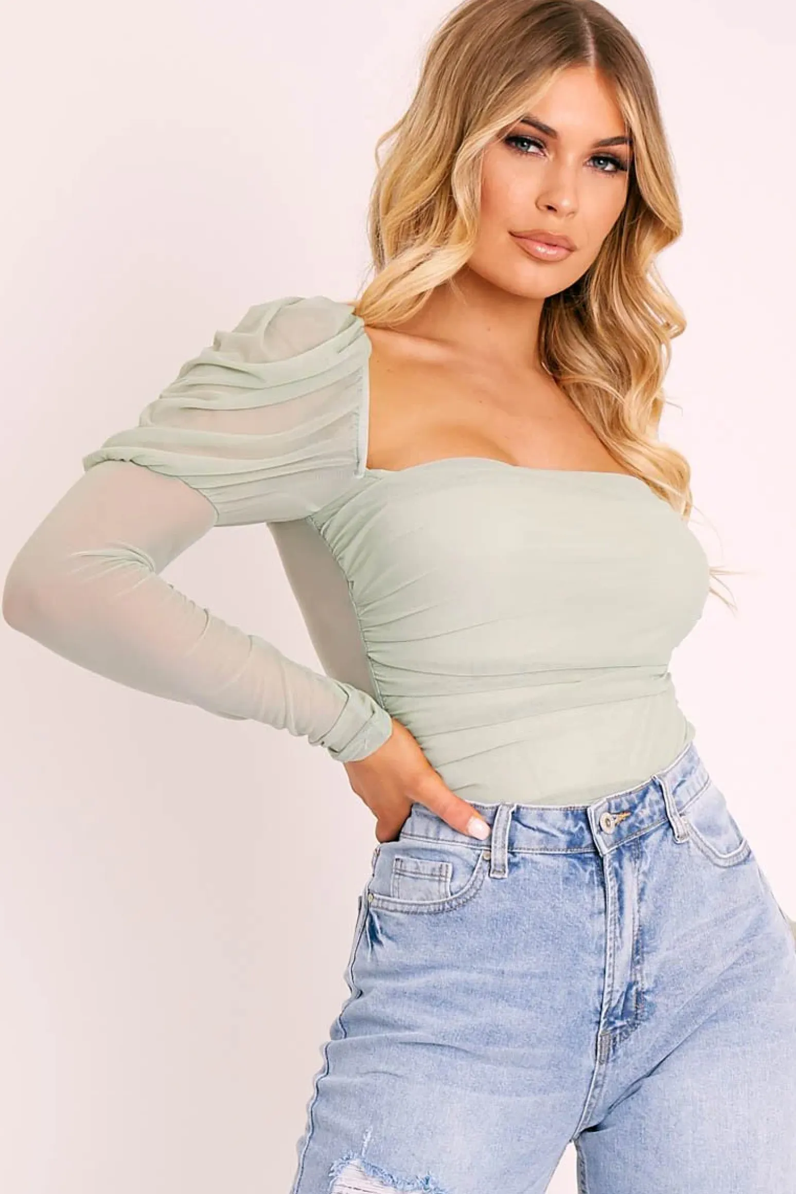 Rebellious Fashion Sage Ruched Body Mesh Sleeve Bodysuit - Raeya