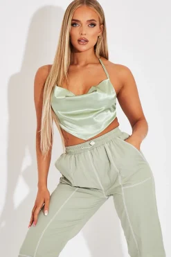 Rebellious Fashion Sage Satin Bandana Halter Crop Top - Talisa