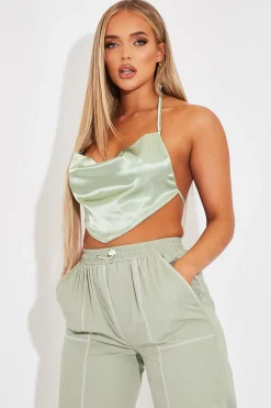 Rebellious Fashion Sage Satin Bandana Halter Crop Top - Talisa