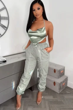 Rebellious Fashion Sage Satin Bandana Halter Crop Top - Talisa