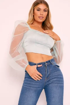 Rebellious Fashion Sage Satin Mesh Sleeve Ruched Detail Crop Top - Rya