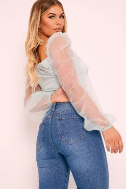 Rebellious Fashion Sage Satin Mesh Sleeve Ruched Detail Crop Top - Rya