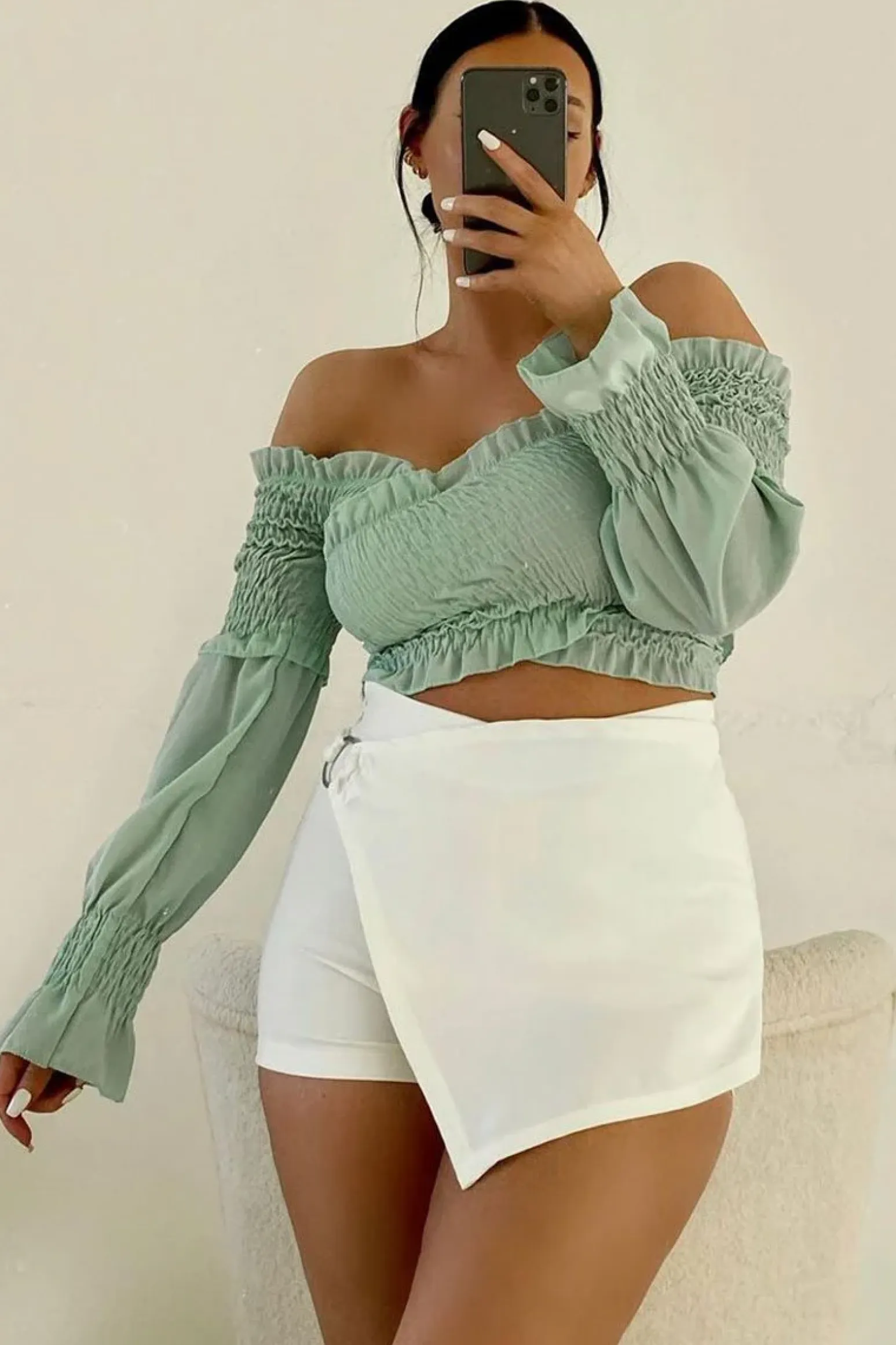 Rebellious Fashion Sage Shirred Wrap Over Bardot Crop Top - Zuri