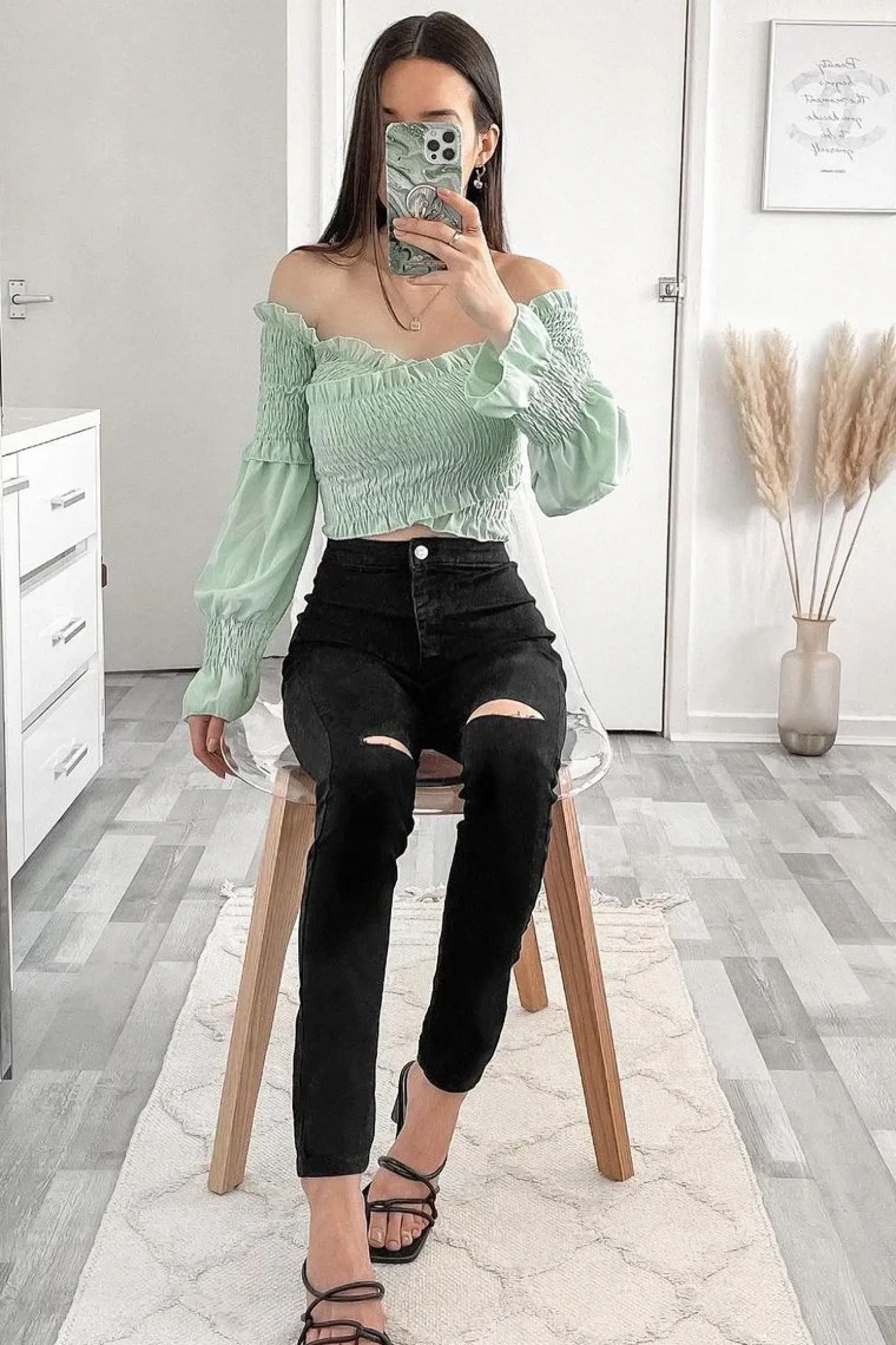Rebellious Fashion Sage Shirred Wrap Over Bardot Crop Top - Zuri