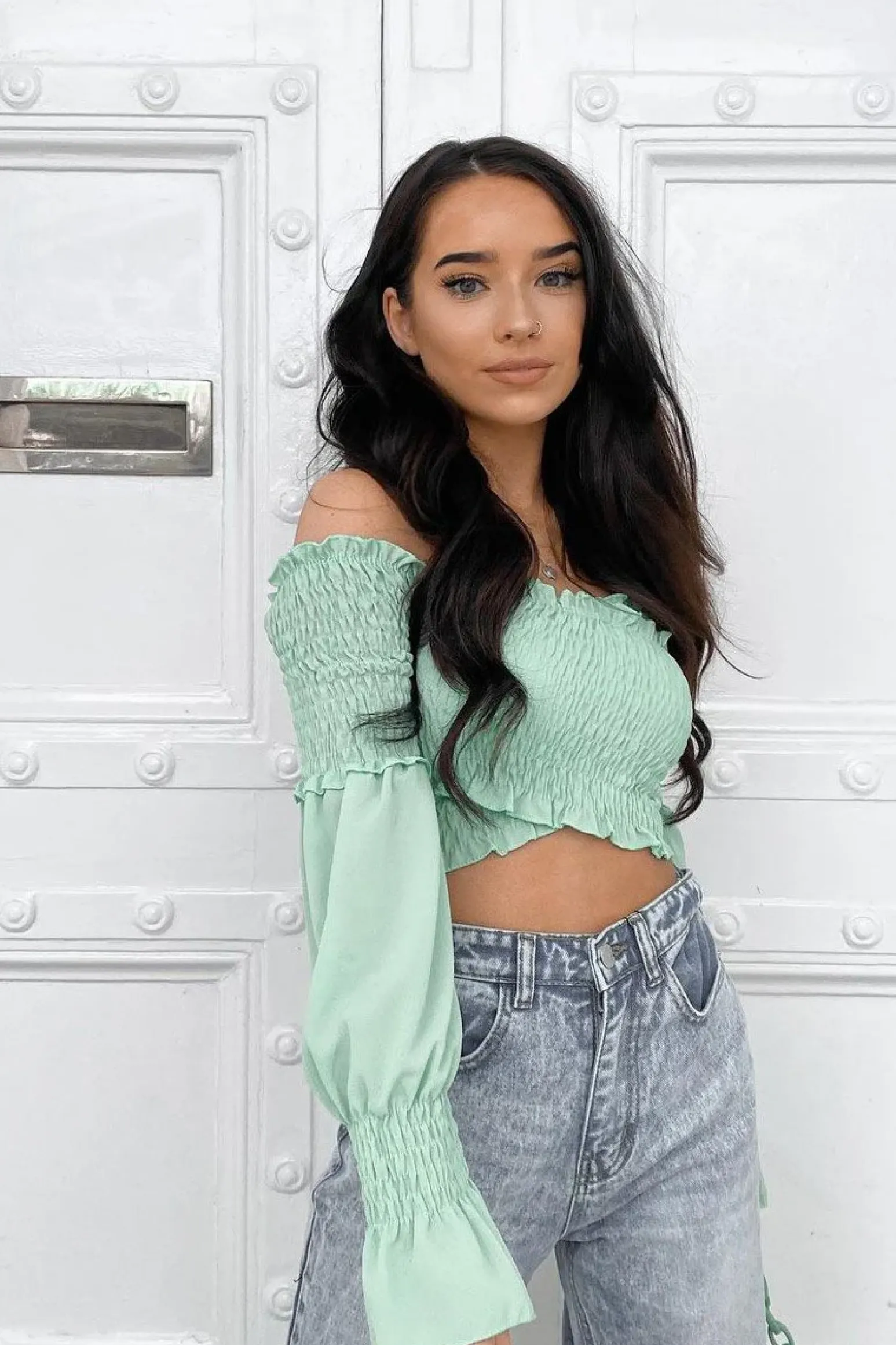 Rebellious Fashion Sage Shirred Wrap Over Bardot Crop Top - Zuri
