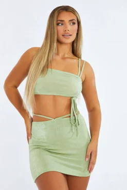 Rebellious Fashion Sage Side Ruched Crop Top & Tie Detail Mini Skirt Set - Athena
