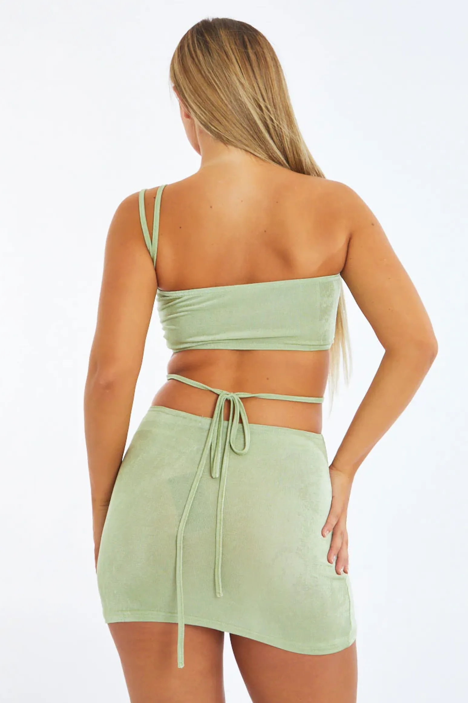 Rebellious Fashion Sage Side Ruched Crop Top & Tie Detail Mini Skirt Set - Athena