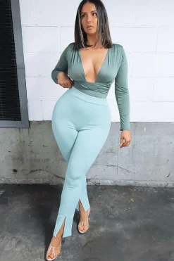 Rebellious Fashion Sage Split Front Flared Trousers - Florie