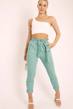 Rebellious Fashion Sage Tie Belt Paperbag Waist Trousers - Jaylea