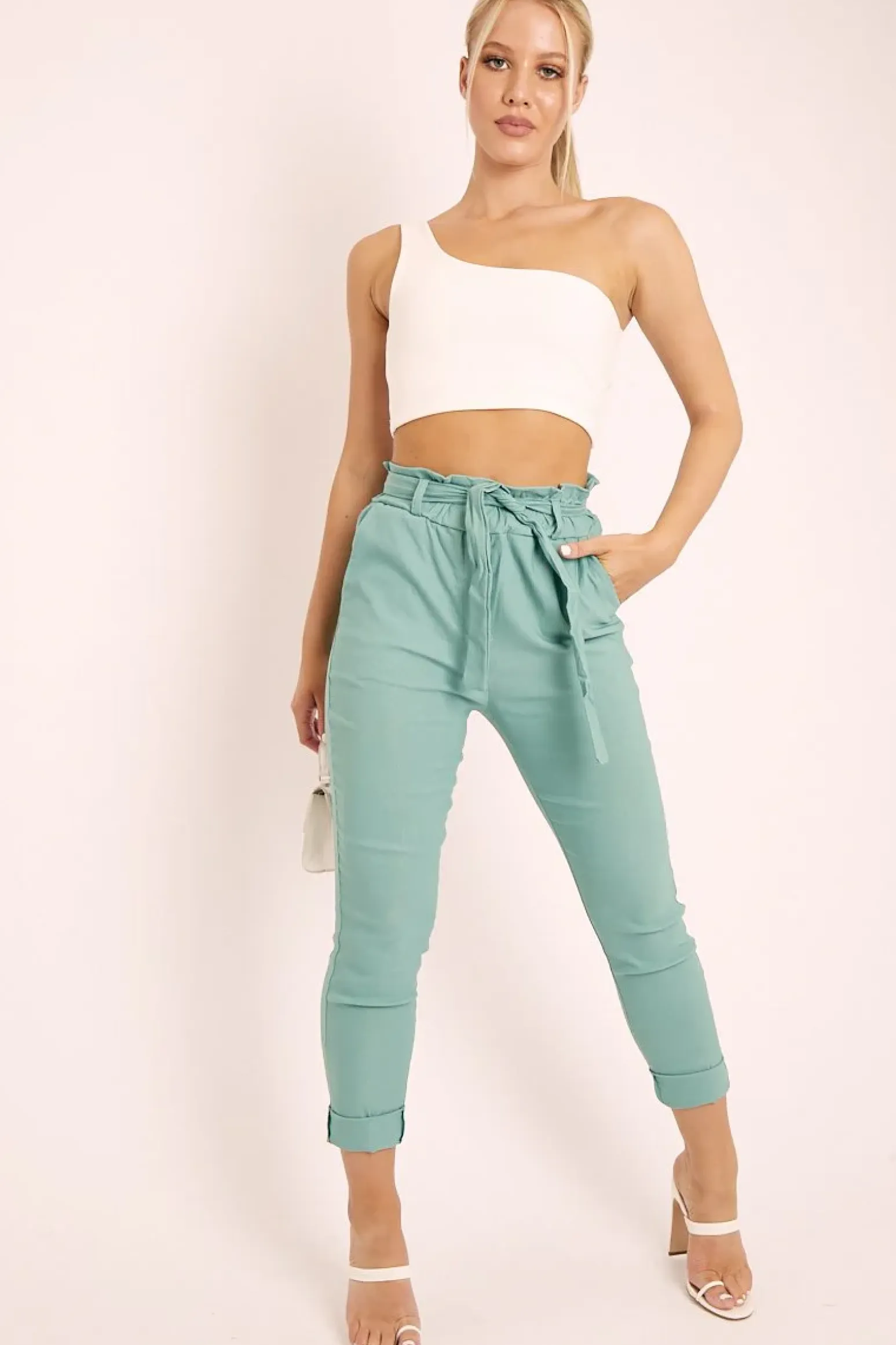 Rebellious Fashion Sage Tie Belt Paperbag Waist Trousers - Jaylea
