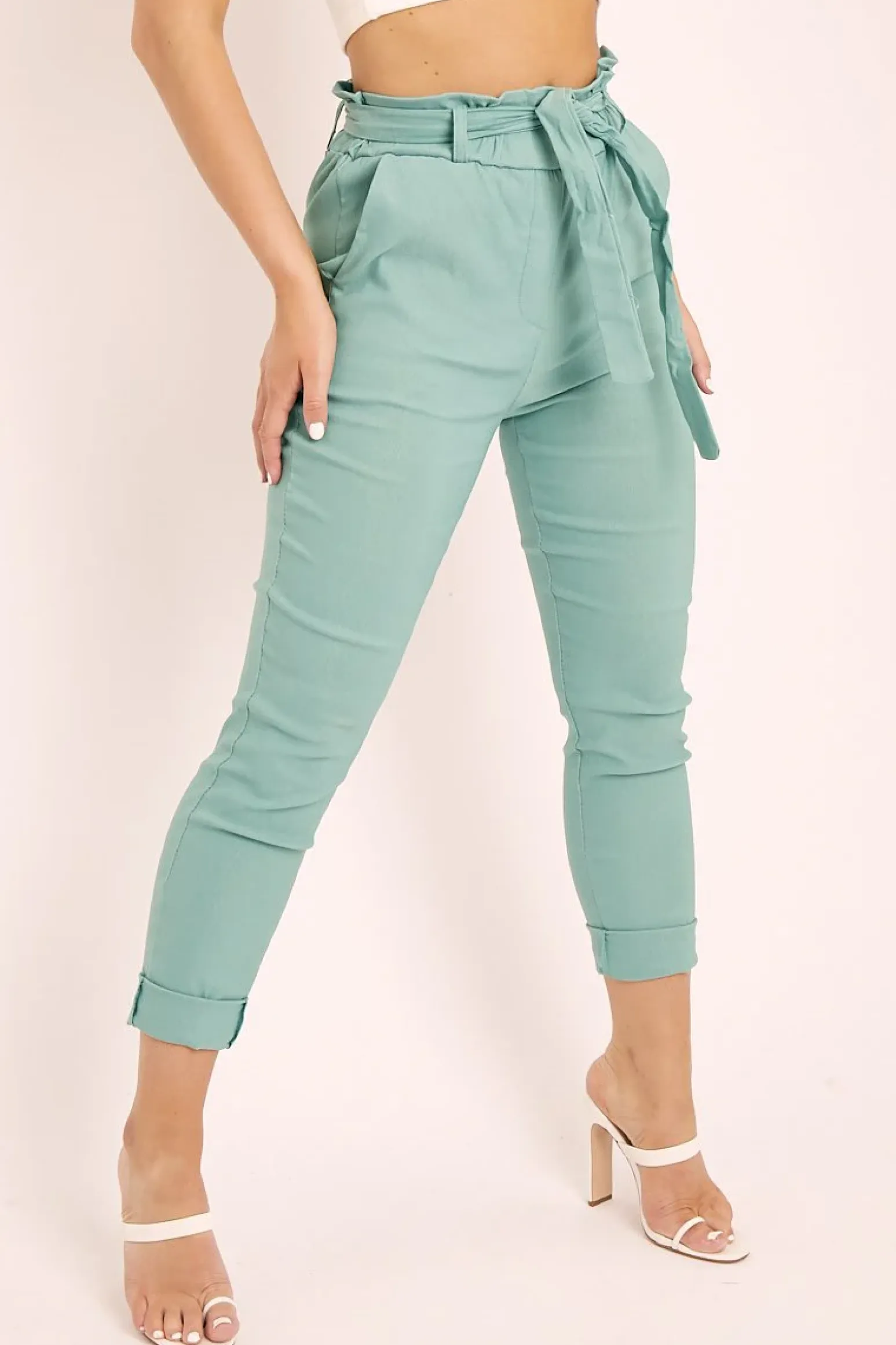 Rebellious Fashion Sage Tie Belt Paperbag Waist Trousers - Jaylea