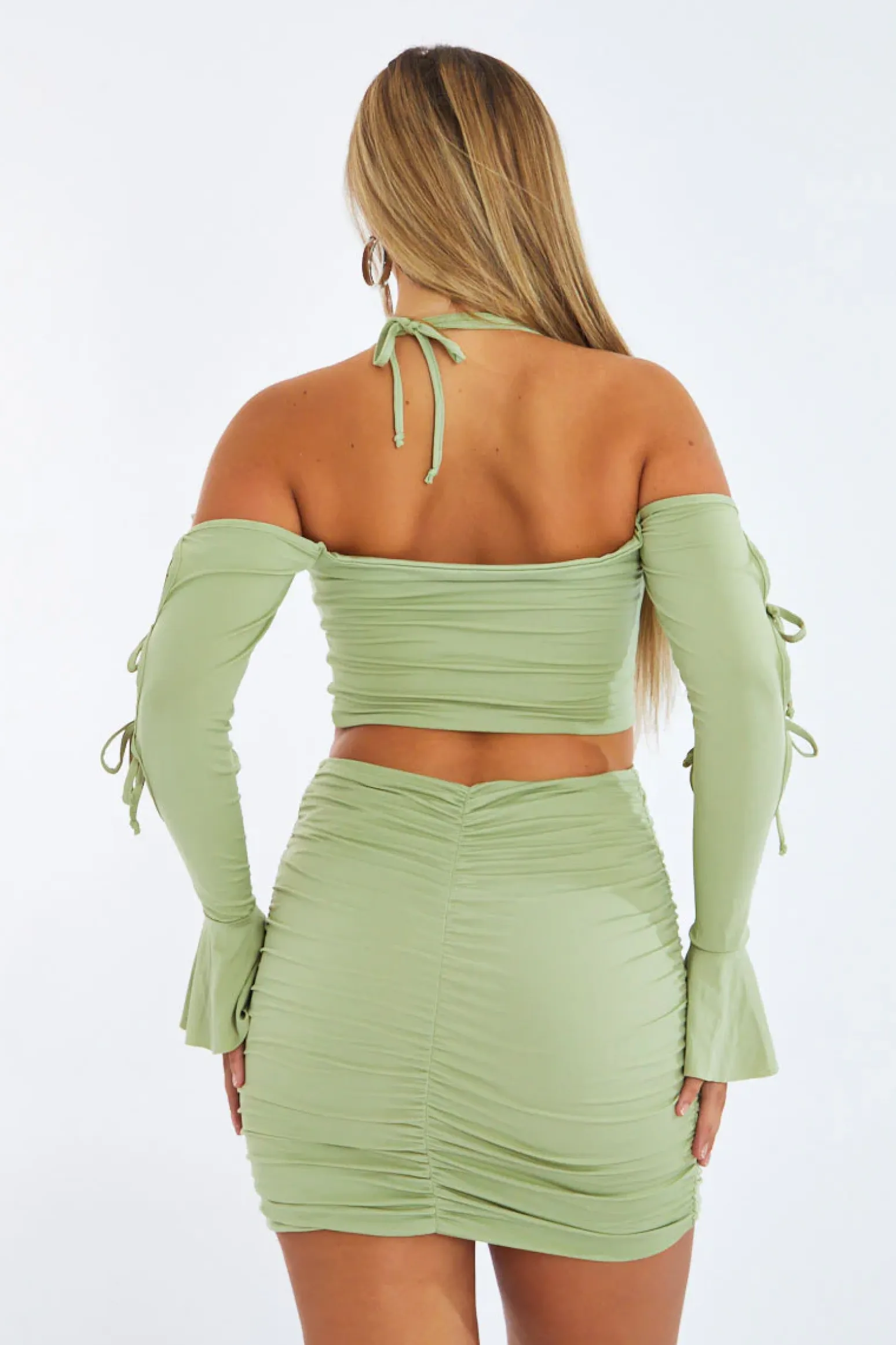 Rebellious Fashion Sage Tie Detail Crop Top & Ruched Mini Skirt Set - Shiloh