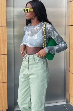 Rebellious Fashion Sage Tie Dye Mesh Long Sleeve Crop Top - Niyana