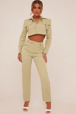 Rebellious Fashion Sage Utility Cropped Shirt & Straight Leg Trousers Co-ord - Emy