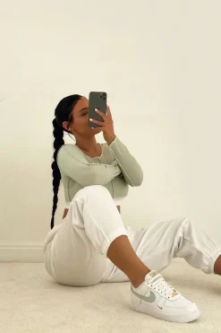 Rebellious Fashion Sage White Contrast Stitch Ribbed Crop Top - Candice