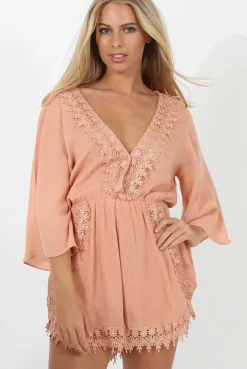 Rebellious Fashion Salmon Low Cut Crochet Playsuit - Evelyn