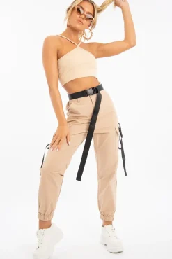 Rebellious Fashion Sand Cross Front Straps Ribbed Crop Top - Vixi