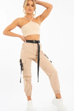 Rebellious Fashion Sand Cross Front Straps Ribbed Crop Top - Vixi