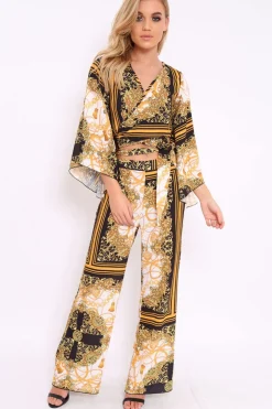 Rebellious Fashion Scarf Print High Waist Flare Trousers - Jen