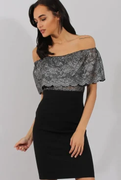 Rebellious Fashion Silver And Black Lace Frill Bardot Bodycon Dress - Cora