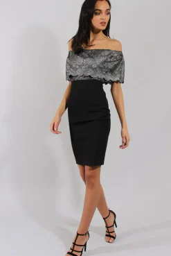 Rebellious Fashion Silver And Black Lace Frill Bardot Bodycon Dress - Cora