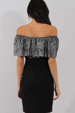 Rebellious Fashion Silver And Black Lace Frill Bardot Bodycon Dress - Cora