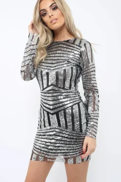 Rebellious Fashion Silver and Black Sequin Bodycon Dress - Lisandra