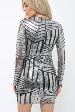 Rebellious Fashion Silver and Black Sequin Bodycon Dress - Lisandra
