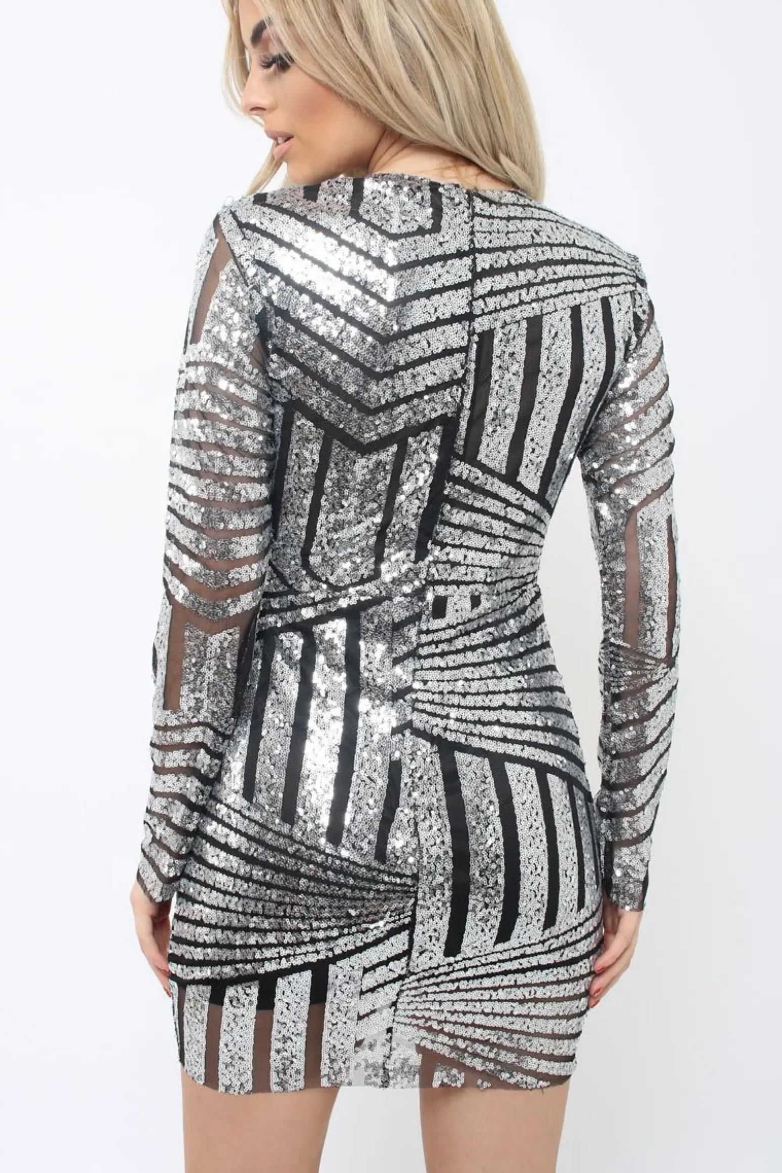 Rebellious Fashion Silver and Black Sequin Bodycon Dress - Lisandra