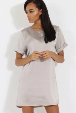 Rebellious Fashion Silver Satin Zip Tee Dress - Valeria