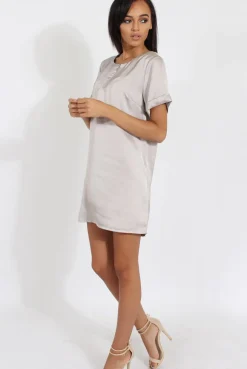 Rebellious Fashion Silver Satin Zip Tee Dress - Valeria