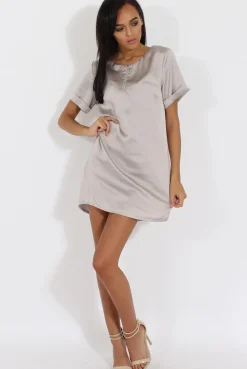 Rebellious Fashion Silver Satin Zip Tee Dress - Valeria