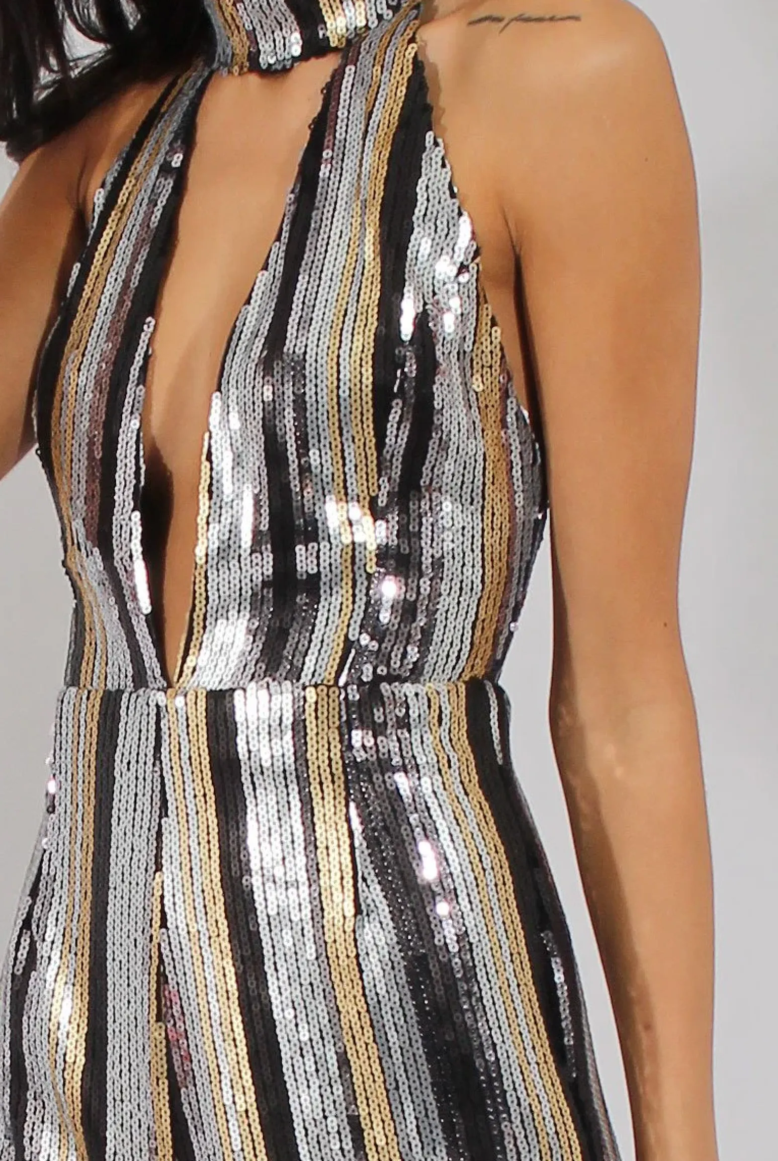 Rebellious Fashion Silver & Gold Sequin Plunge Playsuit - Sisley