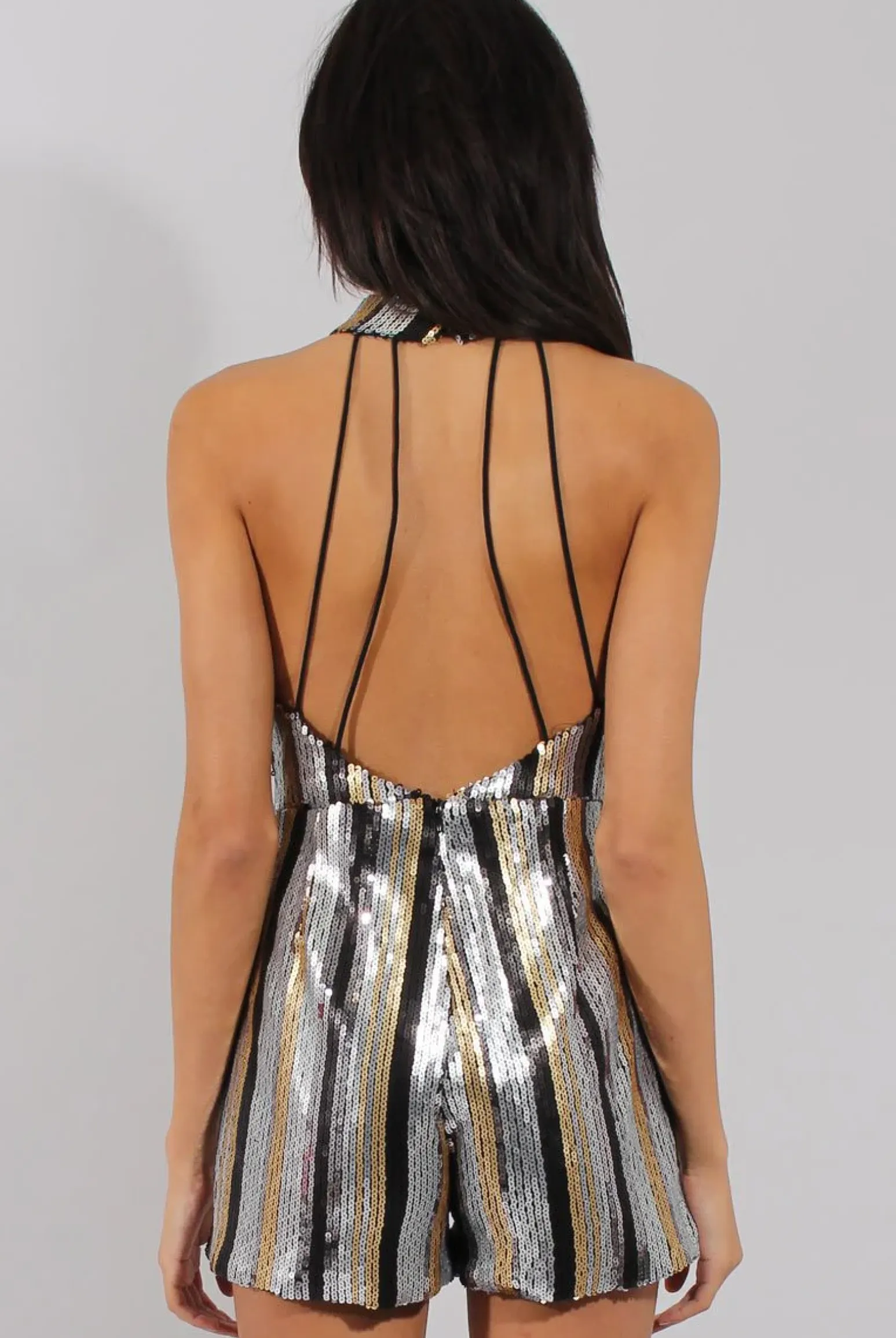 Rebellious Fashion Silver & Gold Sequin Plunge Playsuit - Sisley