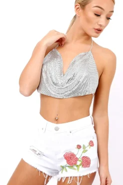 Rebellious Fashion Silver Chain Halter Crop Top - Zayla