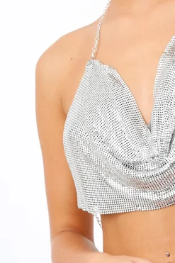 Rebellious Fashion Silver Chain Halter Crop Top - Zayla