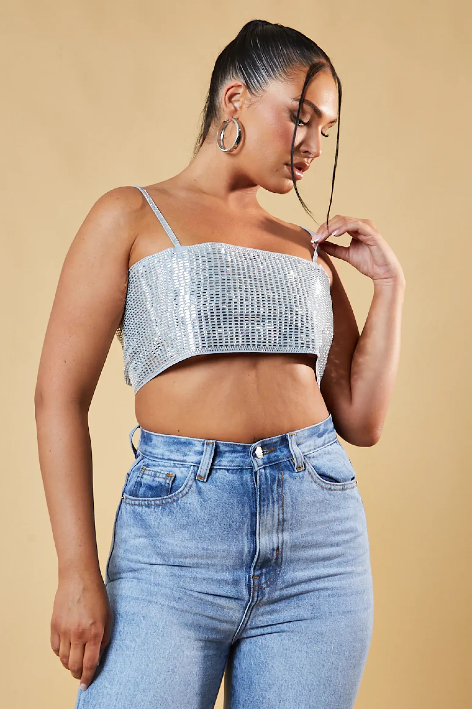 Rebellious Fashion Silver Diamante Detail Cropped Top - Grace