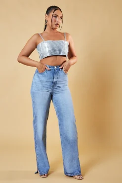 Rebellious Fashion Silver Diamante Detail Cropped Top - Grace