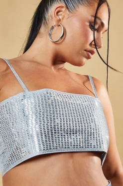 Rebellious Fashion Silver Diamante Detail Cropped Top - Grace